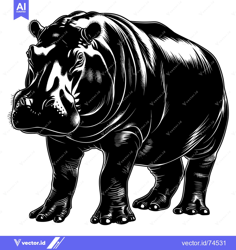 Premium Vector dari Black and White Illustration of a Standing Hippopotamus