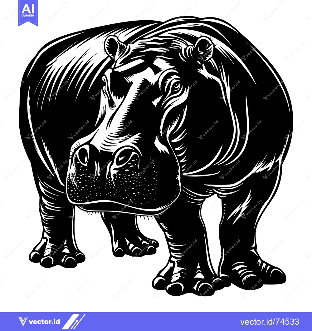 Premium Vector of Black and White Illustration of a Standing Hippopotamus