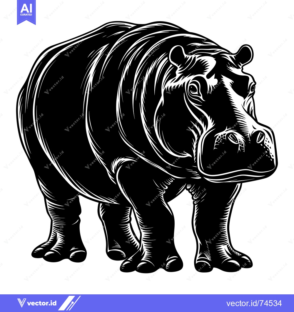 Premium Vector dari Black and White Illustration of a Standing Hippopotamus