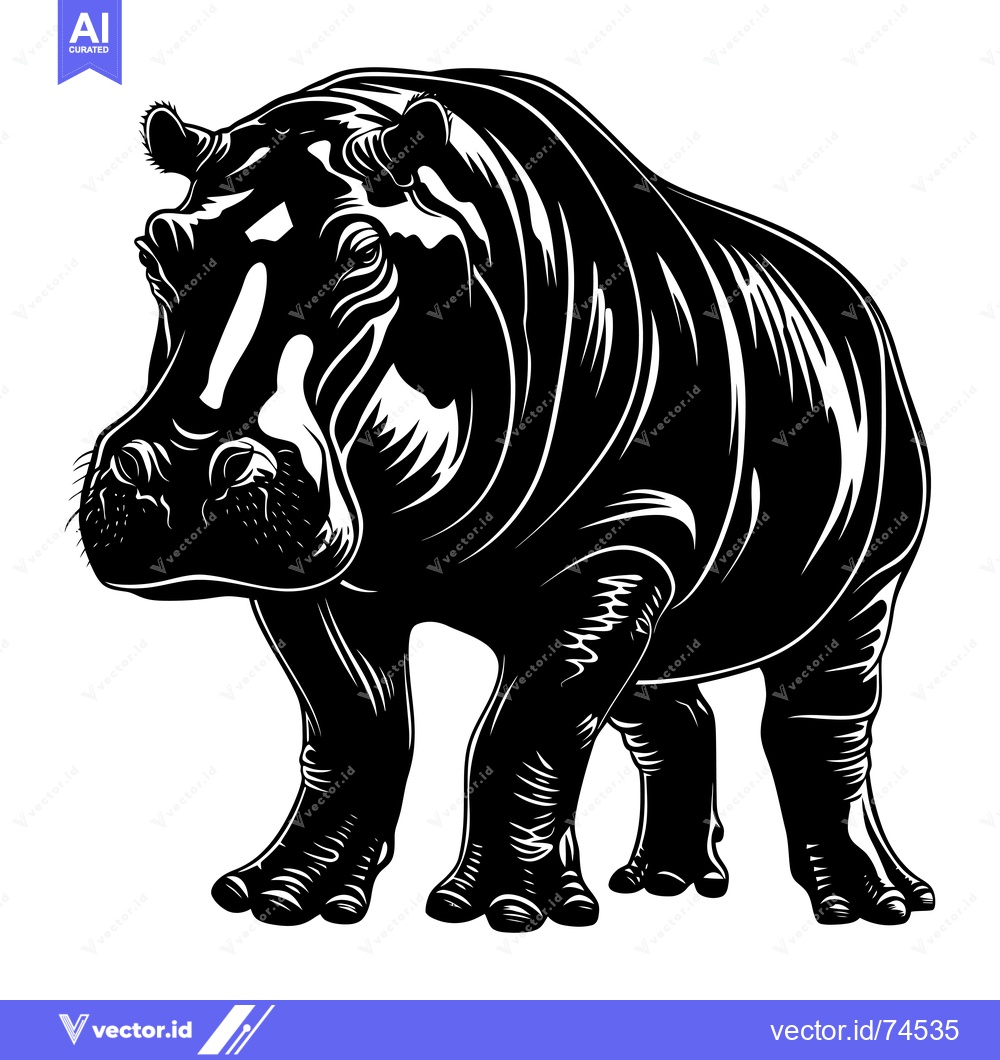 Premium Vector of Black and White Illustration of a Standing Hippopotamus