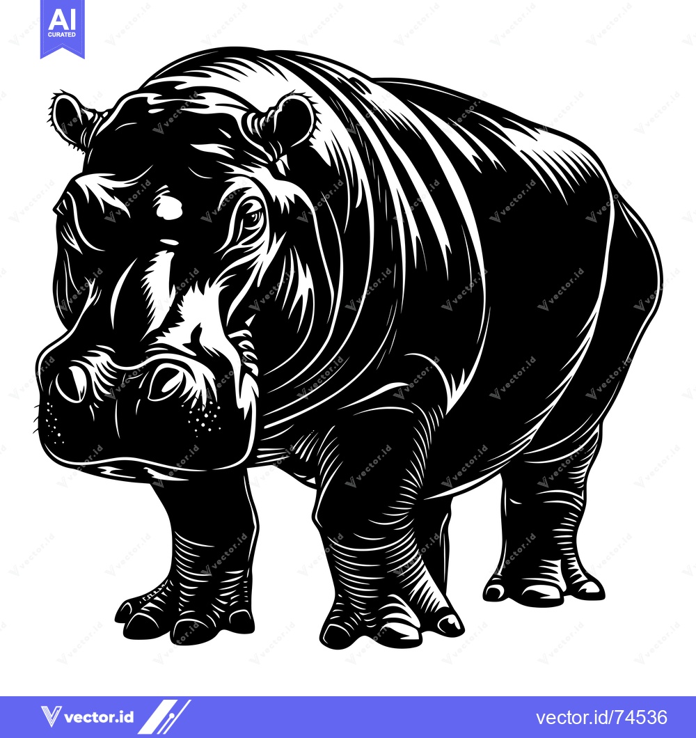 Premium Vector of Black and White Illustration of a Standing Hippopotamus