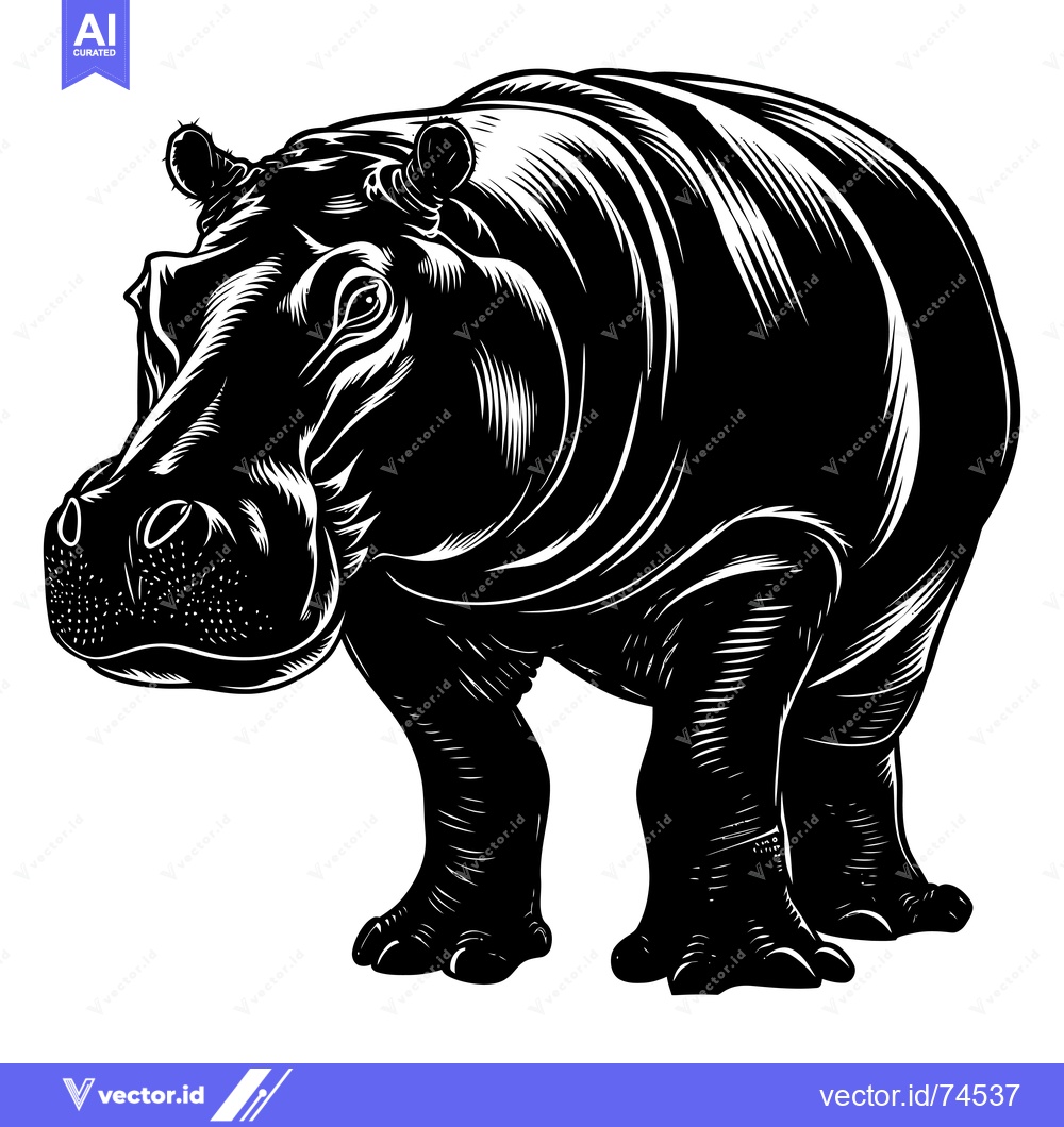 Premium Vector dari Black and White Illustration of a Standing Hippopotamus