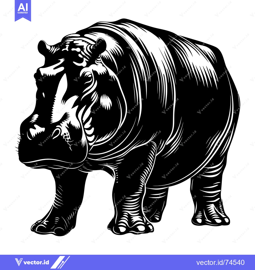 Premium Vector of Black and White Illustration of a Standing Hippopotamus