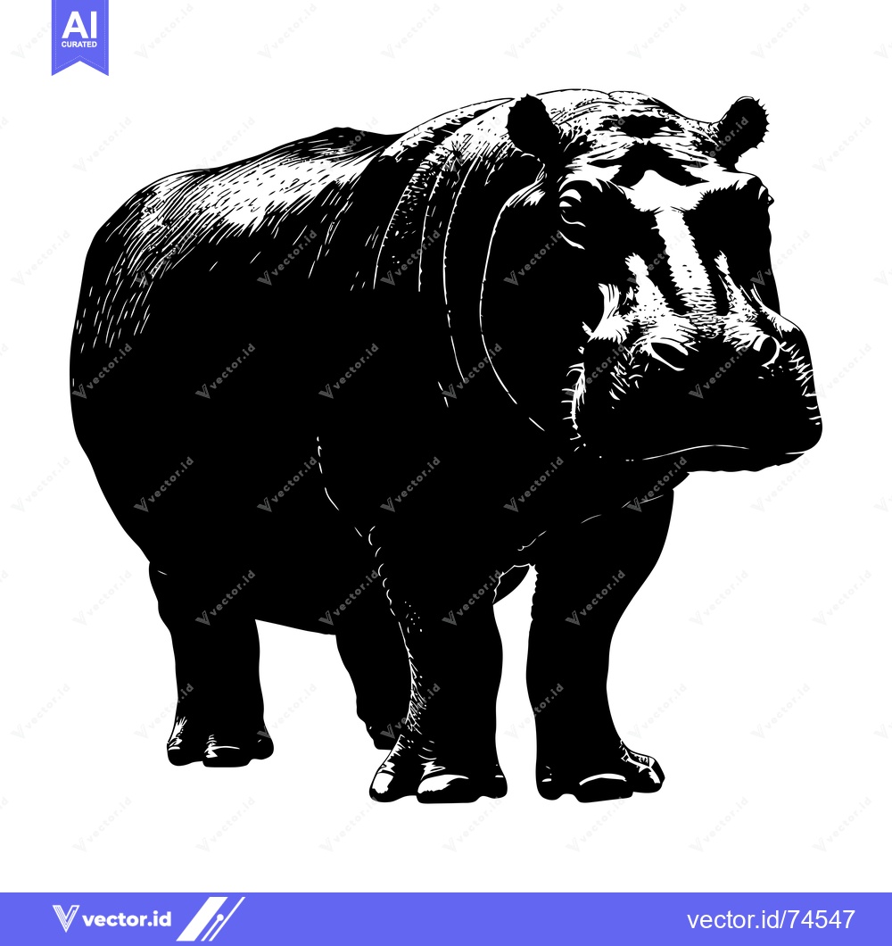 Premium Vector dari A Black and White Illustration of a Standing Hippopotamus