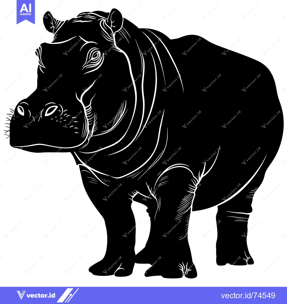 Premium Vector of Black and White Silhouette of a Hippopotamus Standing