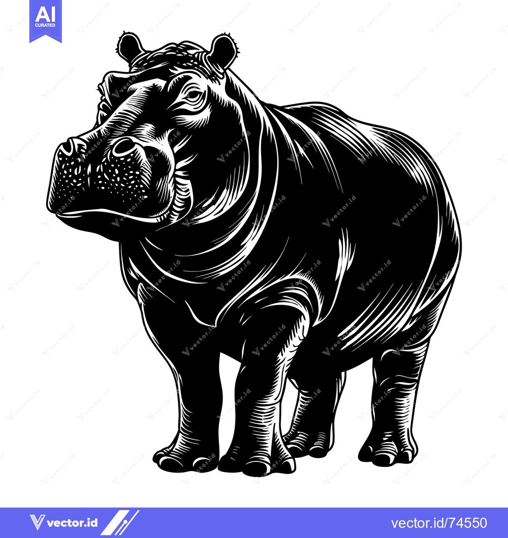 Premium Vector dari Black and White Illustration of a Standing Hippopotamus