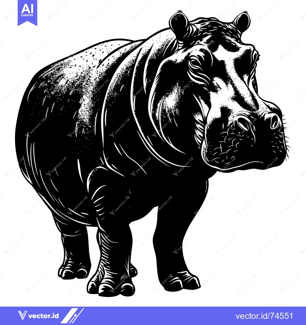 Premium Vector dari A Black and White Illustration of a Standing Hippopotamus