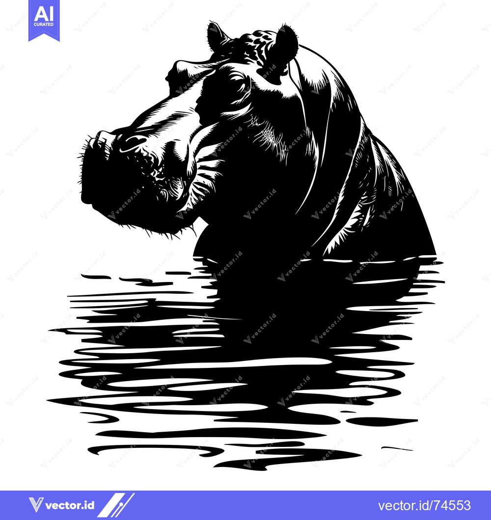 Premium Vector of Black and White Silhouette of a Hippopotamus Emerging from Water