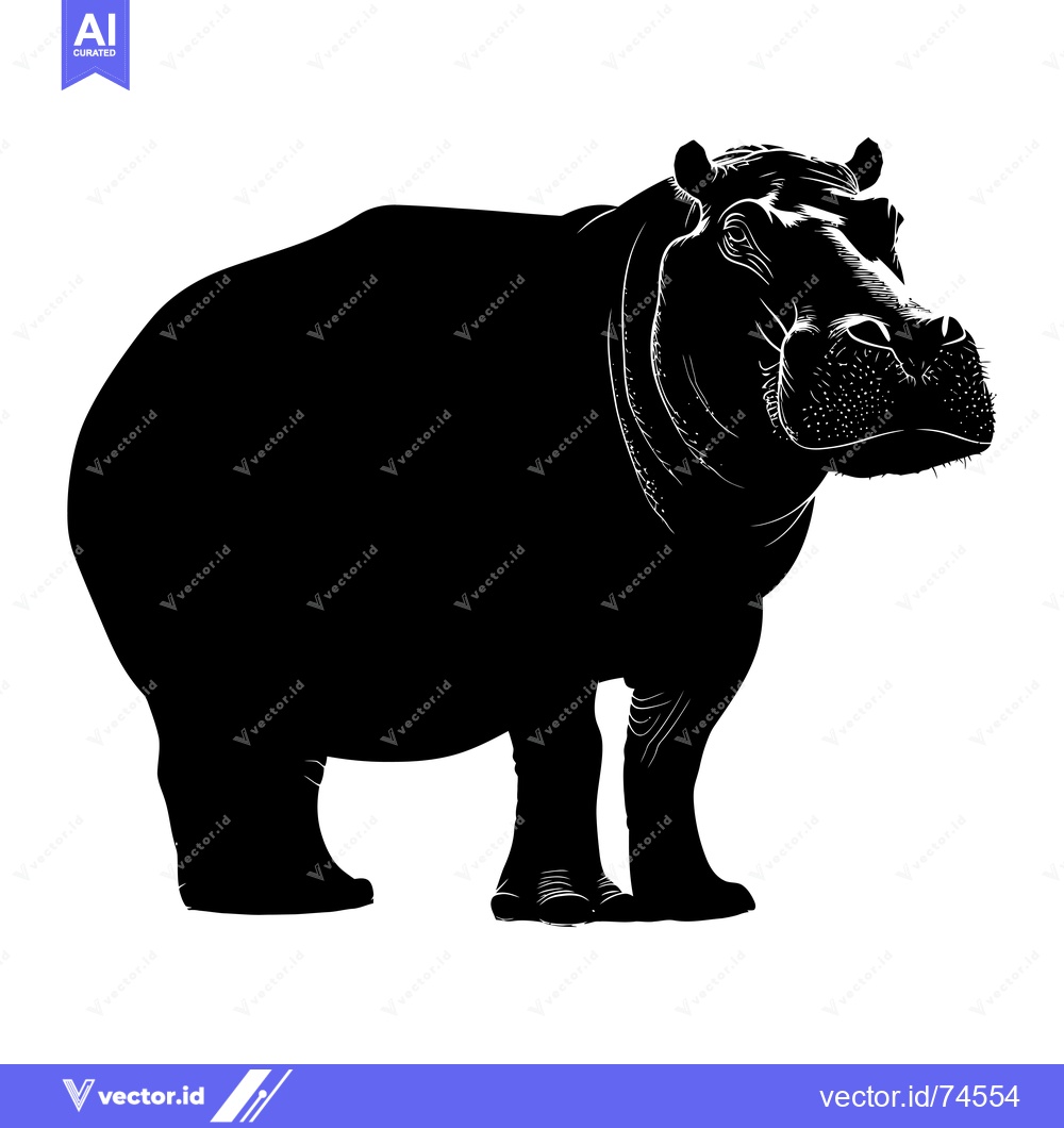Premium Vector dari Black and white silhouette of a hippopotamus standing on a white backg