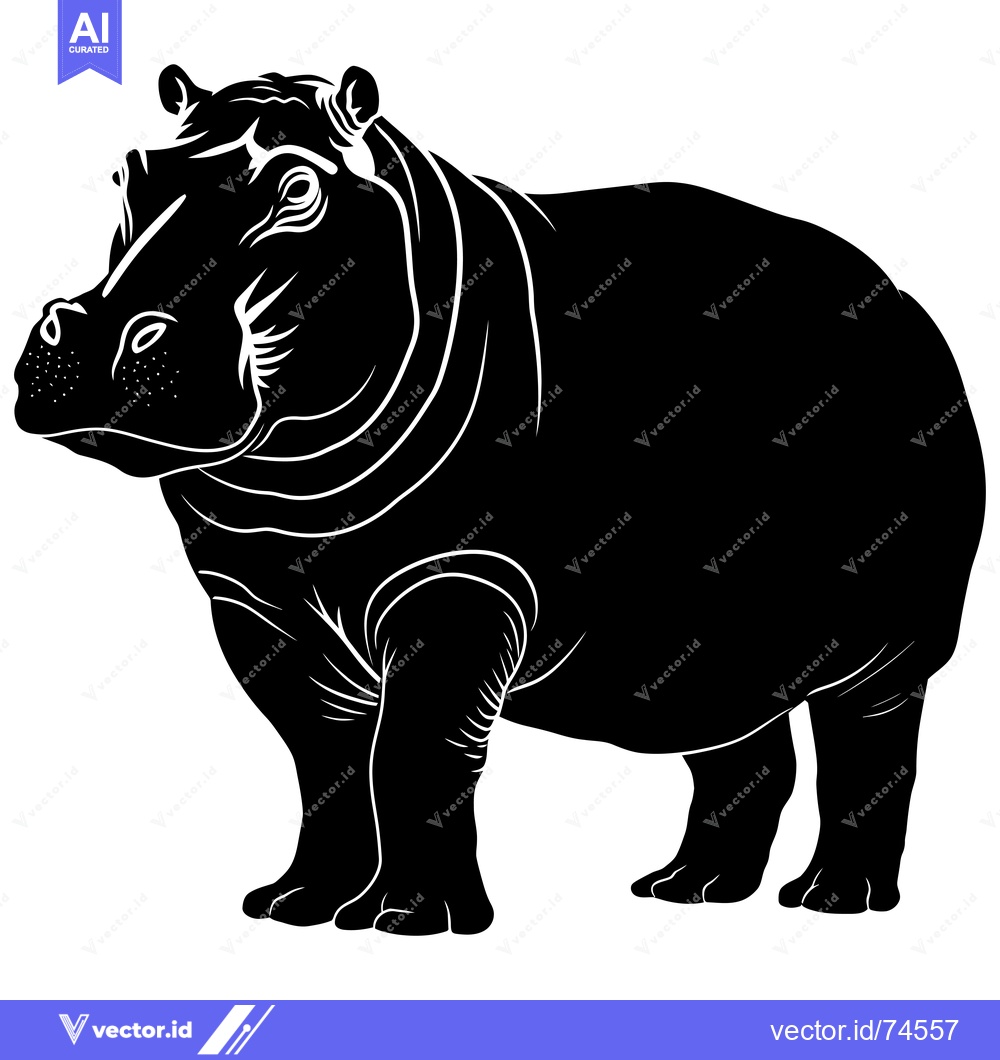 Premium Vector of Black and White Silhouette of a Hippopotamus Standing