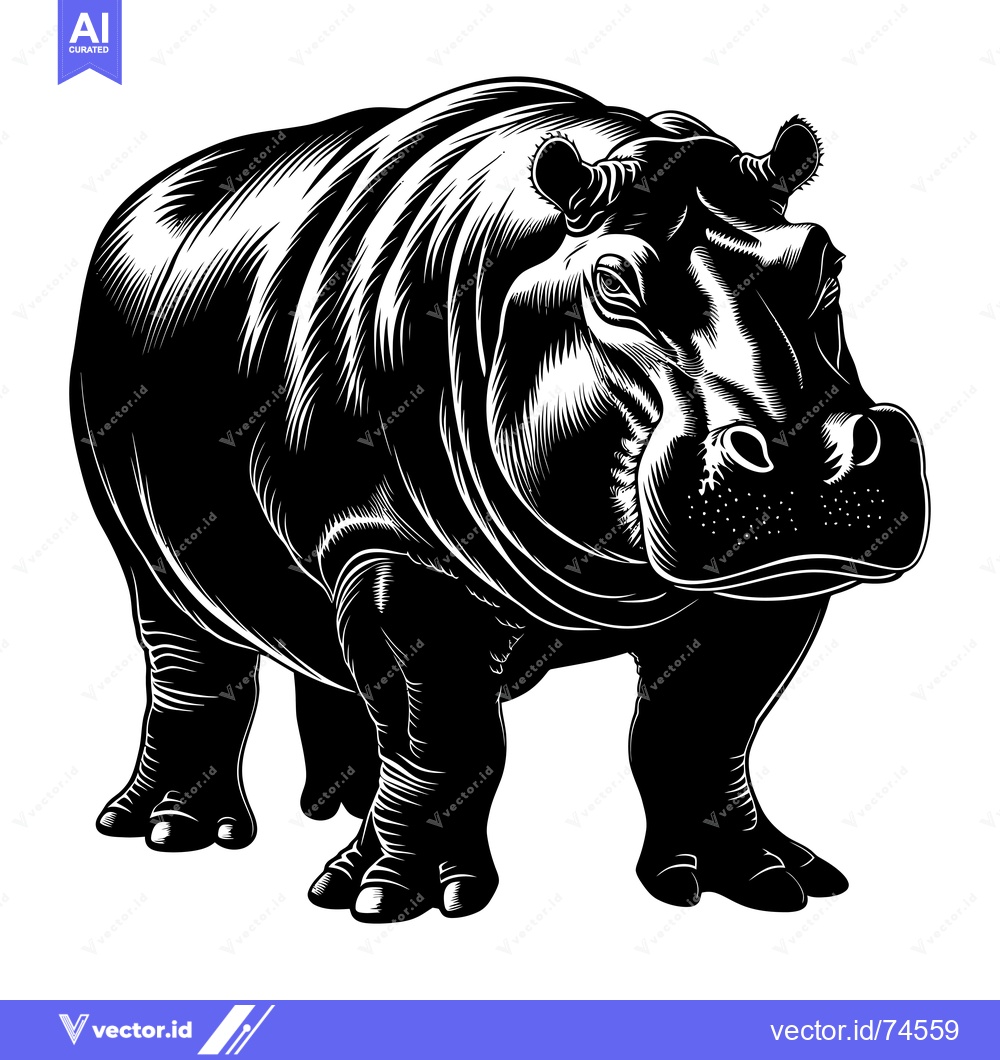Premium Vector dari Black and White Illustration of a Standing Hippopotamus