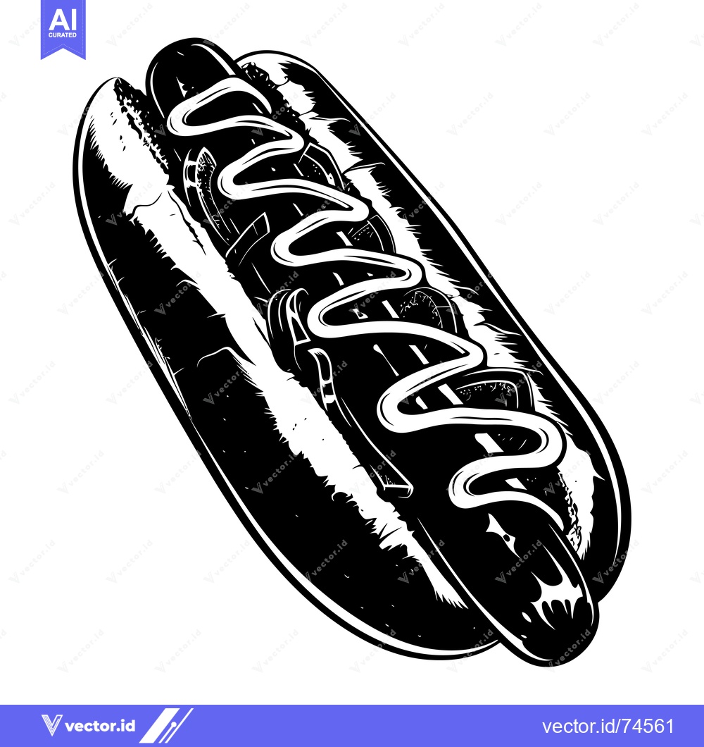 Premium Vector of Black and White Illustration of a Hot Dog with Mustard and Onions
