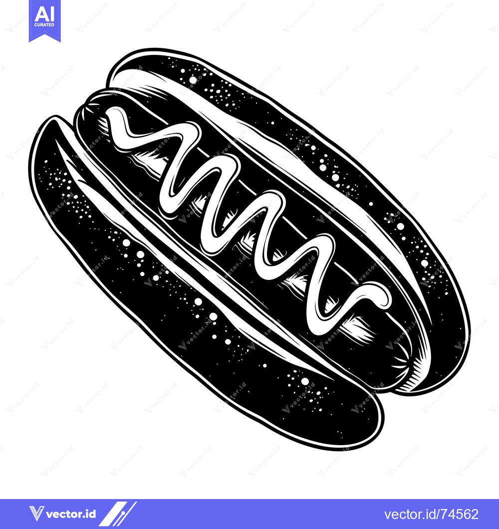 Premium Vector of Black and White Illustration of a Hot Dog with Mustard