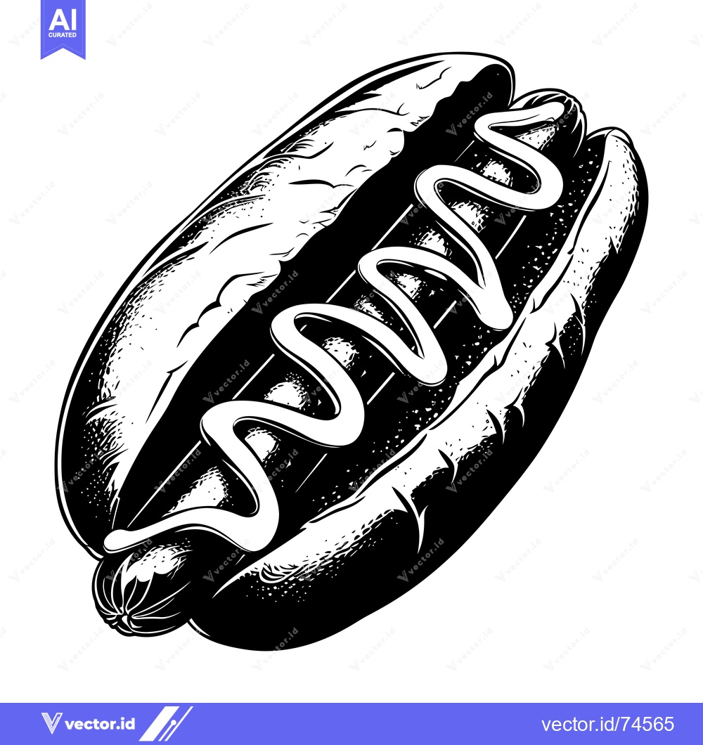 Premium Vector dari Black and White Illustration of a Hot Dog with Mustard