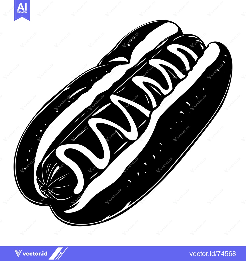 Premium Vector of A black and white silhouette of a hot dog with mustard in a bun.