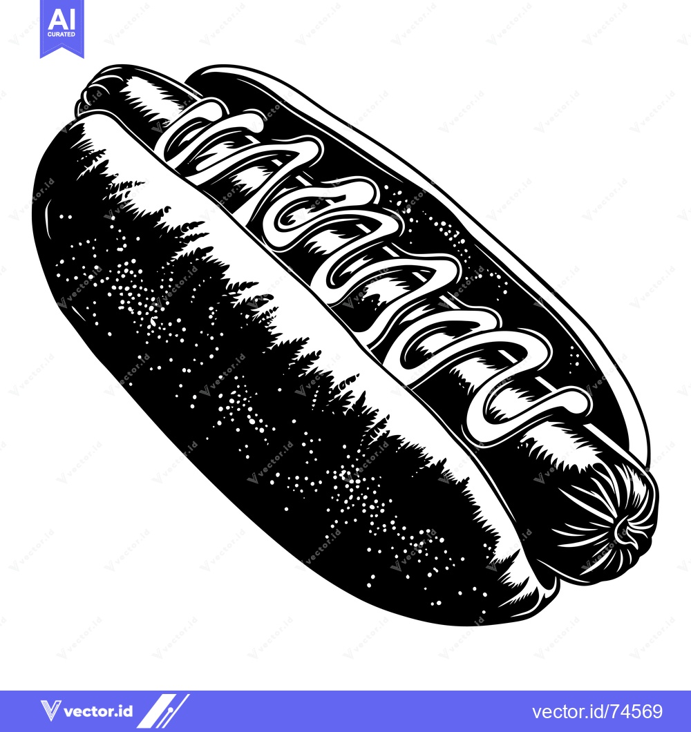 Premium Vector of Black and White Illustration of a Hot Dog with Mustard