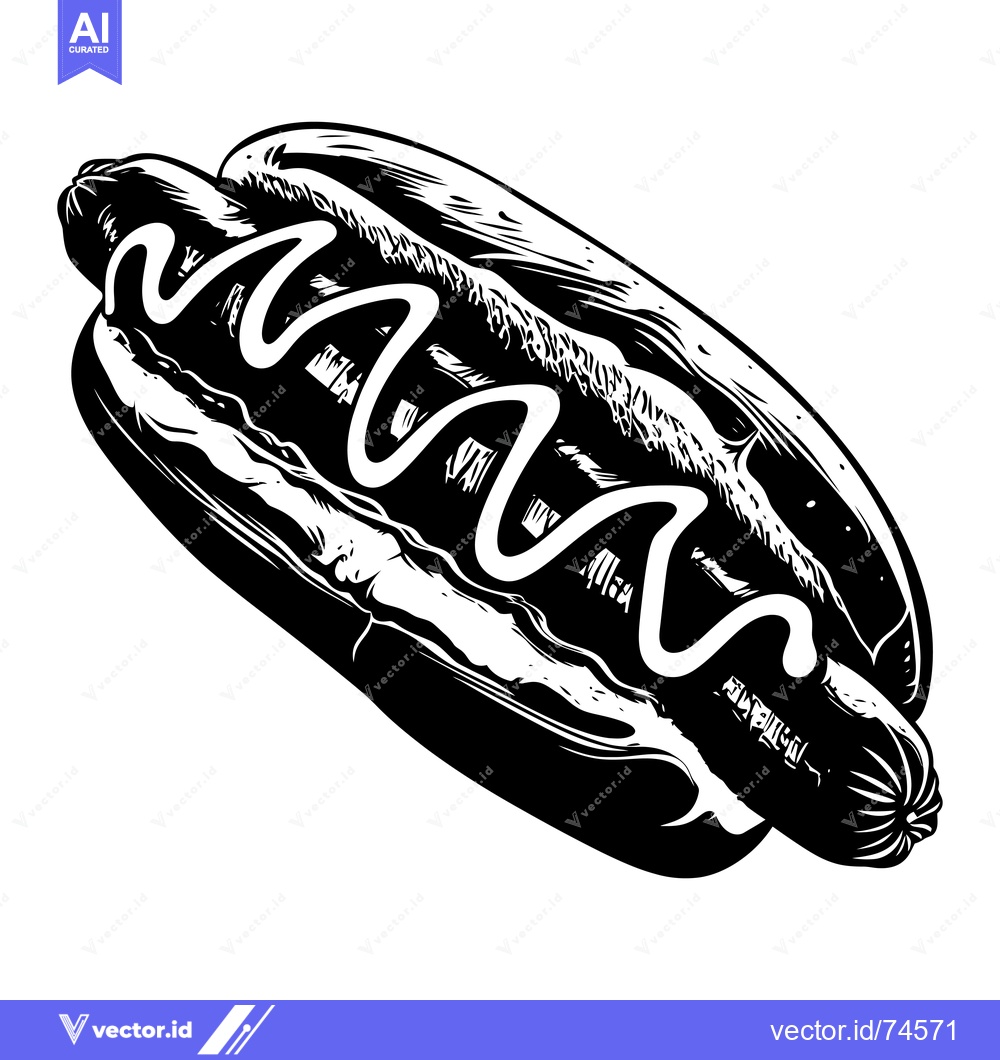 Premium Vector of Black and White Illustration of a Hot Dog with Mustard