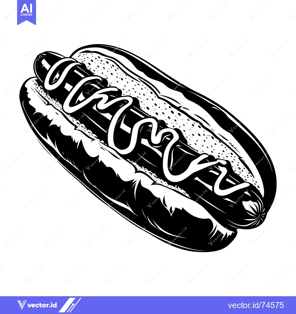 Premium Vector of Black and White Illustration of a Hot Dog with Mustard