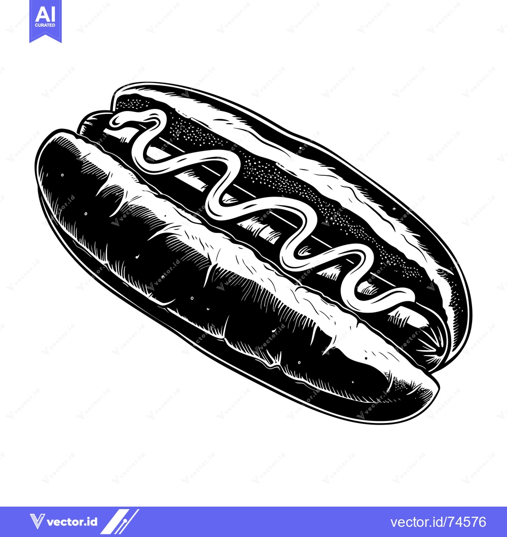 Premium Vector of Black and White Illustration of a Hot Dog with Mustard