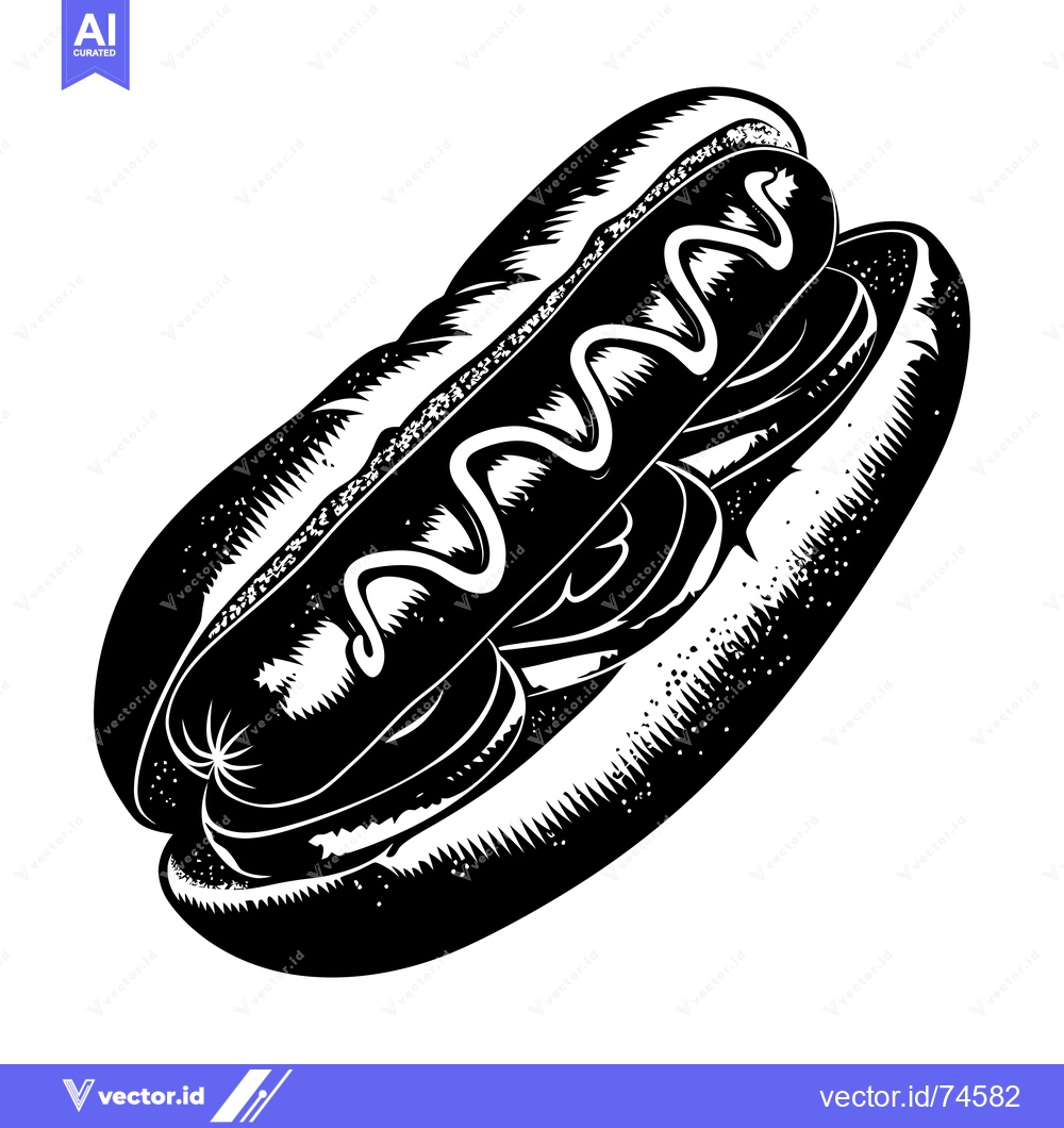 Premium Vector dari Black and white illustration of a hot dog with mustard and a bun