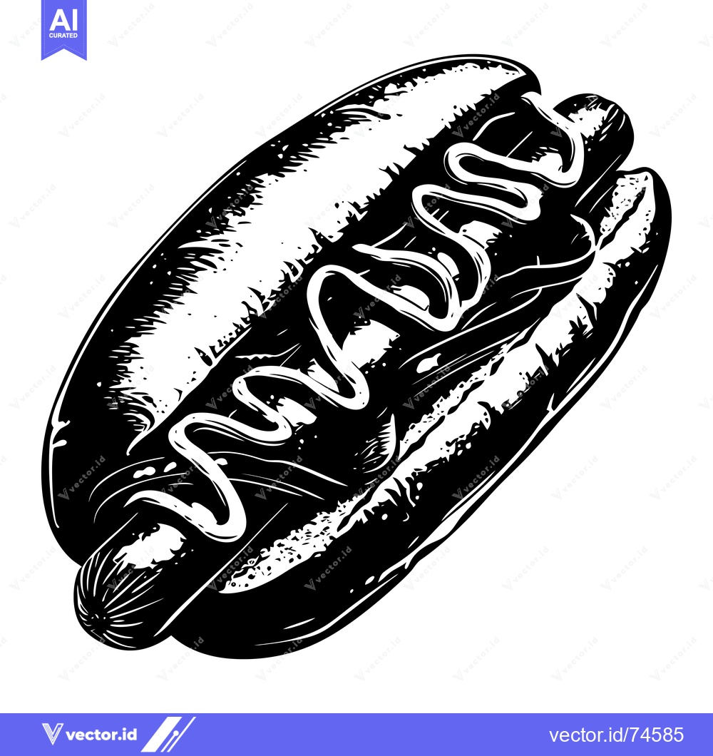 Premium Vector of Black and White Illustration of a Hot Dog with Mustard
