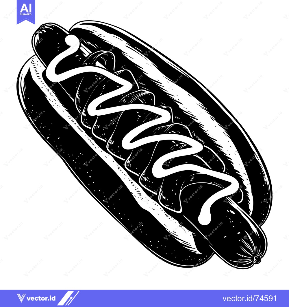 Premium Vector of Black and White Illustration of a Hot Dog with Mustard