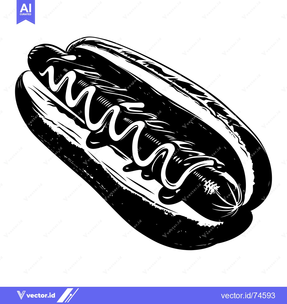 Premium Vector of Black and white illustration of a hot dog with mustard
