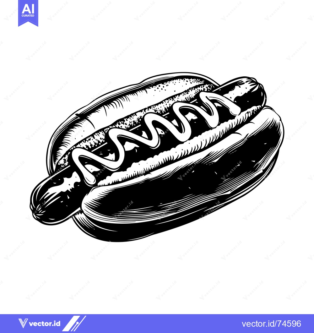 Premium Vector dari A Black and White Illustration of a Hot Dog in a Bun with Mustard