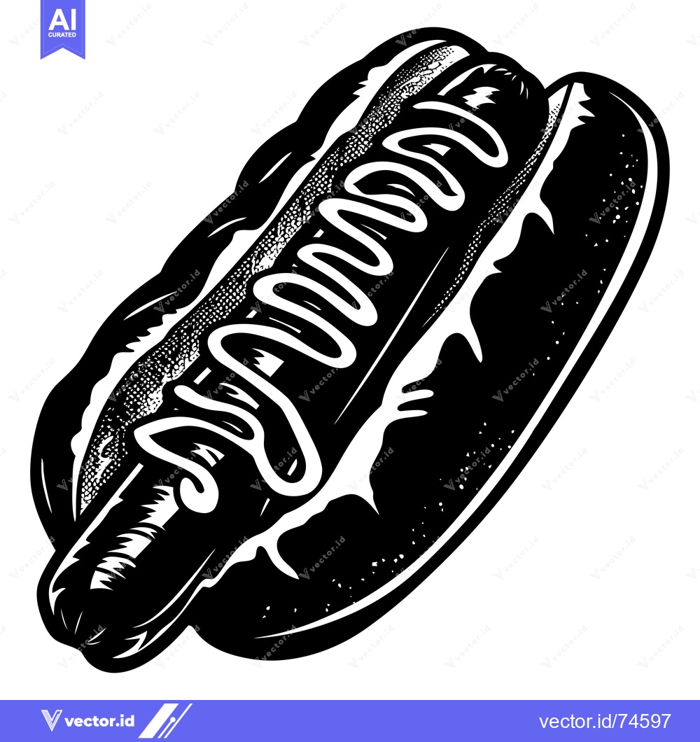 Premium Vector dari Black and white illustration of a hot dog in a bun with mustard
