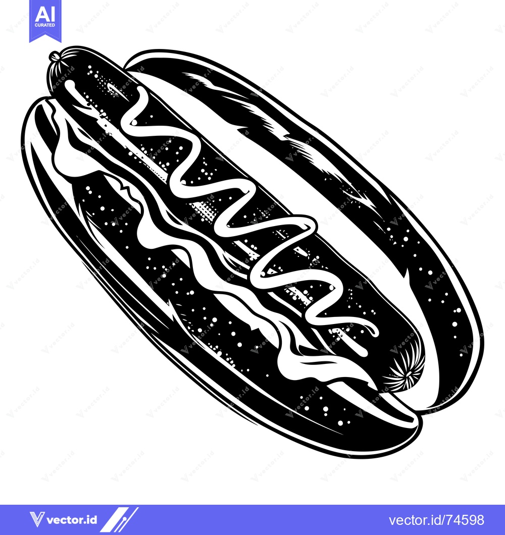 Premium Vector of Black and White Illustration of a Hot Dog with Mustard and Ketchup