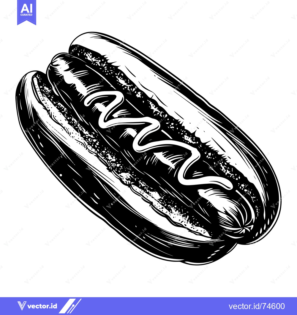 Premium Vector of Black and White Illustration of a Hot Dog with Mustard