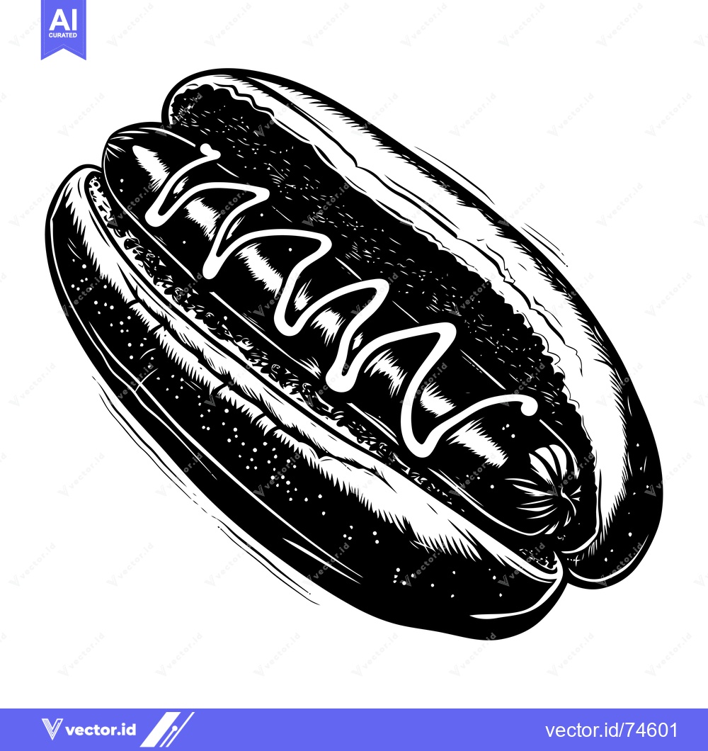 Premium Vector dari Black and White Illustration of a Hot Dog with Mustard Drizzle