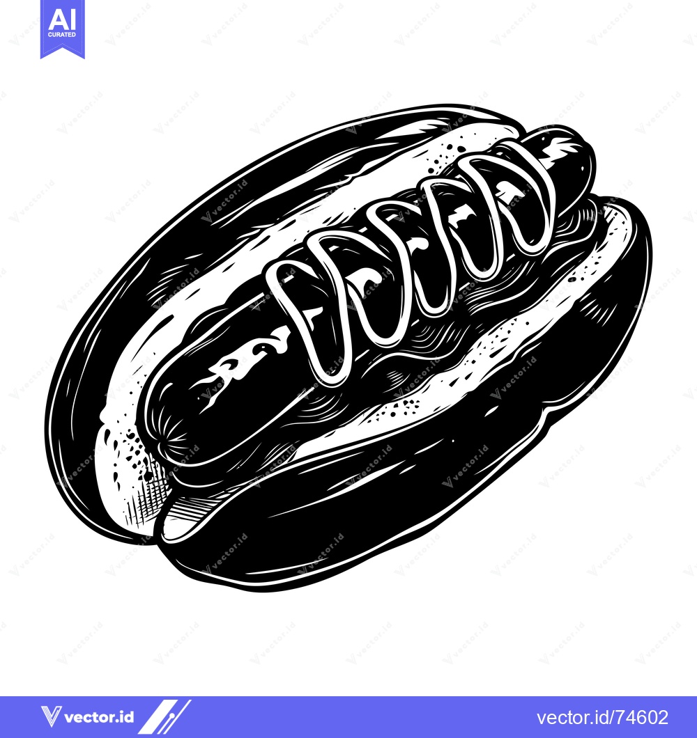 Premium Vector of Black and White Illustration of a Hot Dog with Mustard