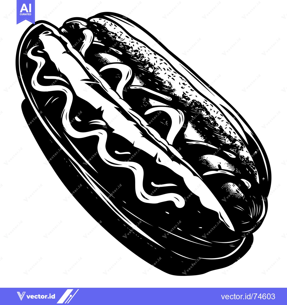 Premium Vector dari Black and White Illustration of a Hot Dog with Mustard and Relish