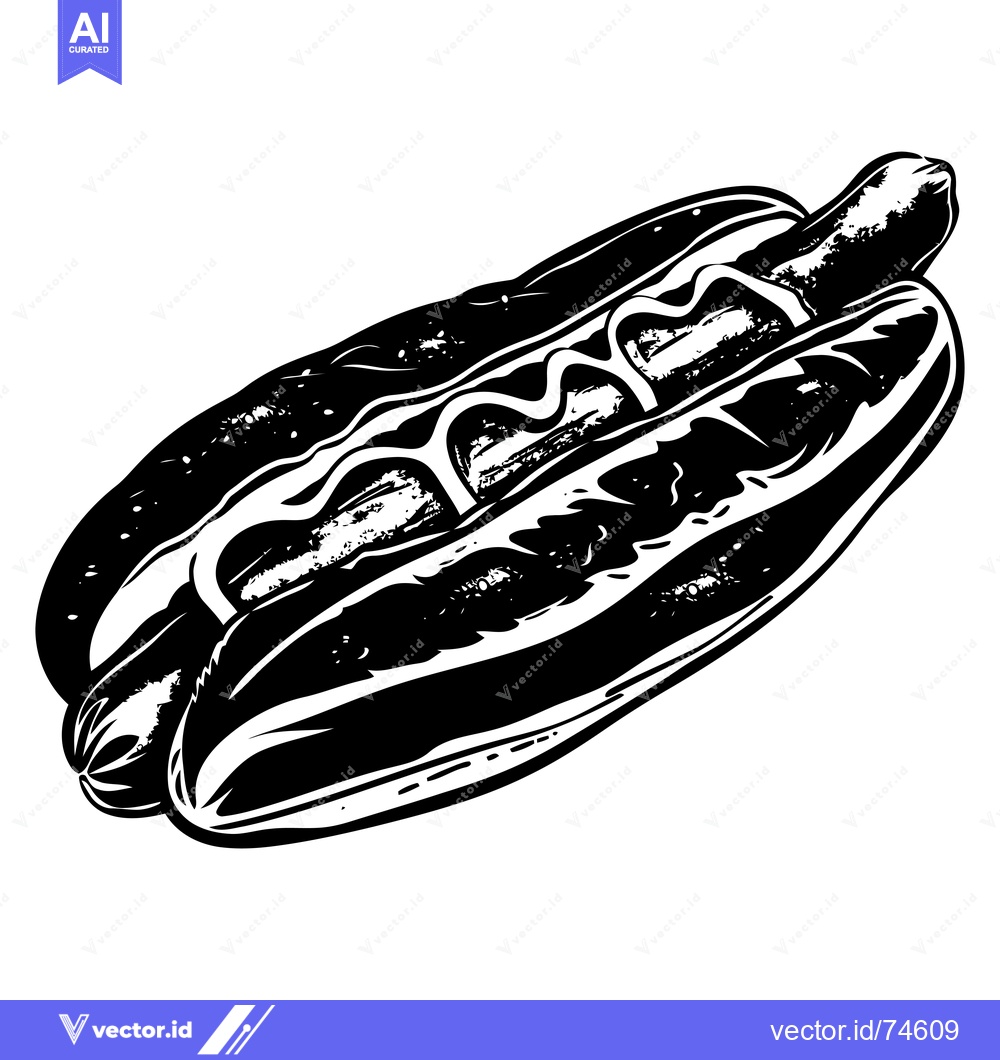Premium Vector dari Black and White Illustration of a Hot Dog with Mustard
