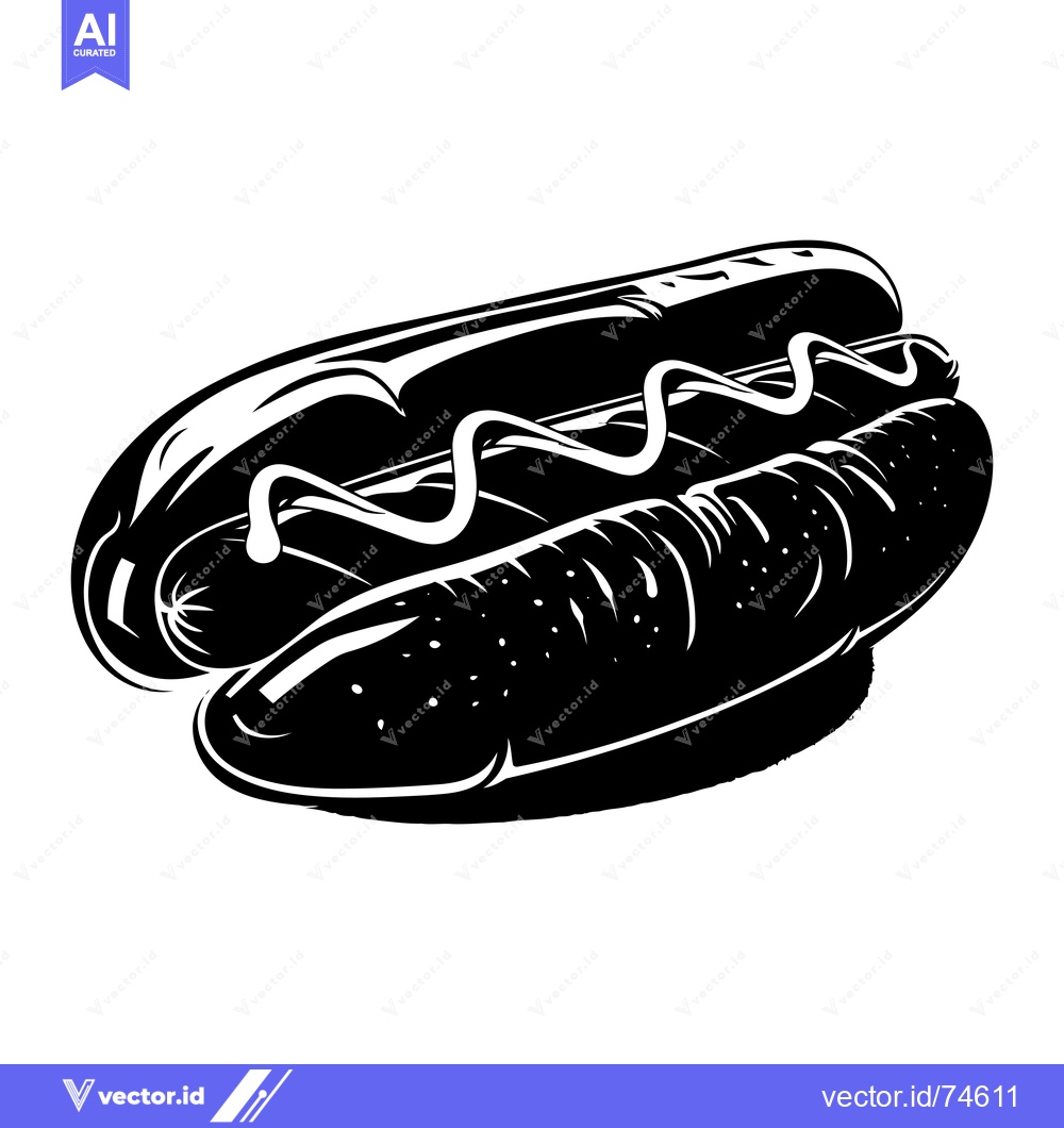 Premium Vector of Black and White Illustration of a Hot Dog with Mustard