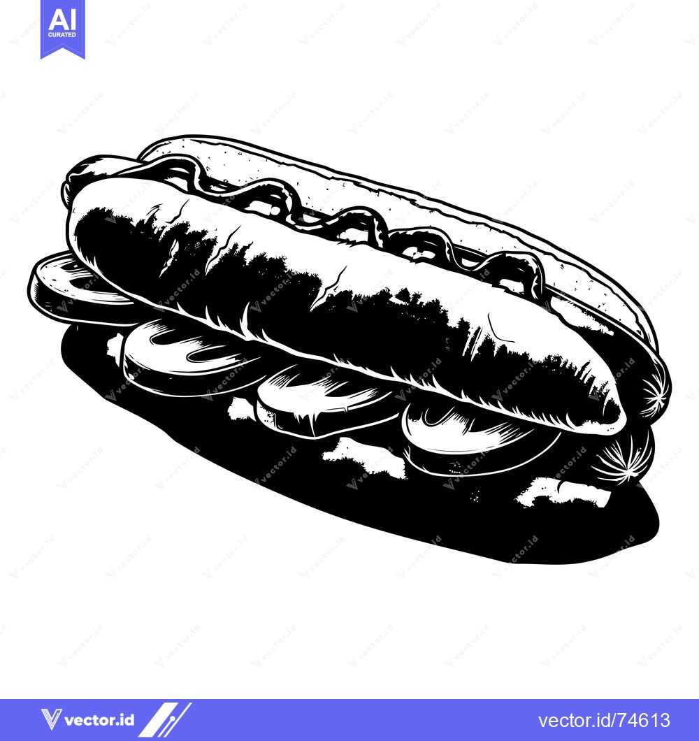 Premium Vector dari Black and White Illustration of a Hot Dog with Mustard and Relish
