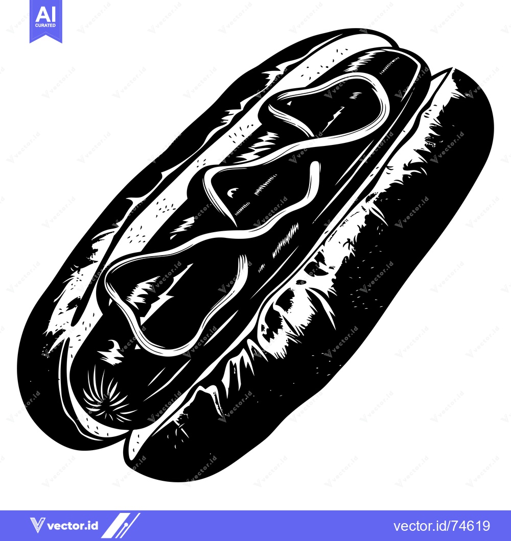 Premium Vector of Black and White Illustration of a Hot Dog with Mustard