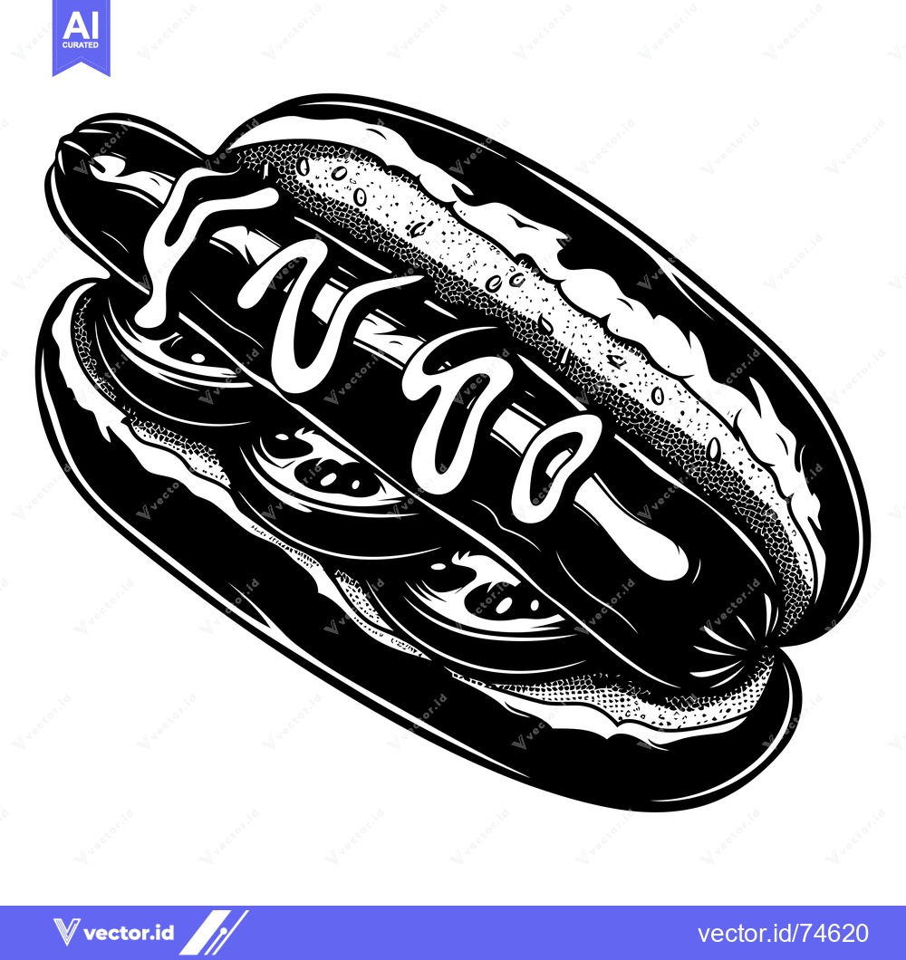 Premium Vector dari Black and White Illustration of a Hot Dog with Mustard and Toppings