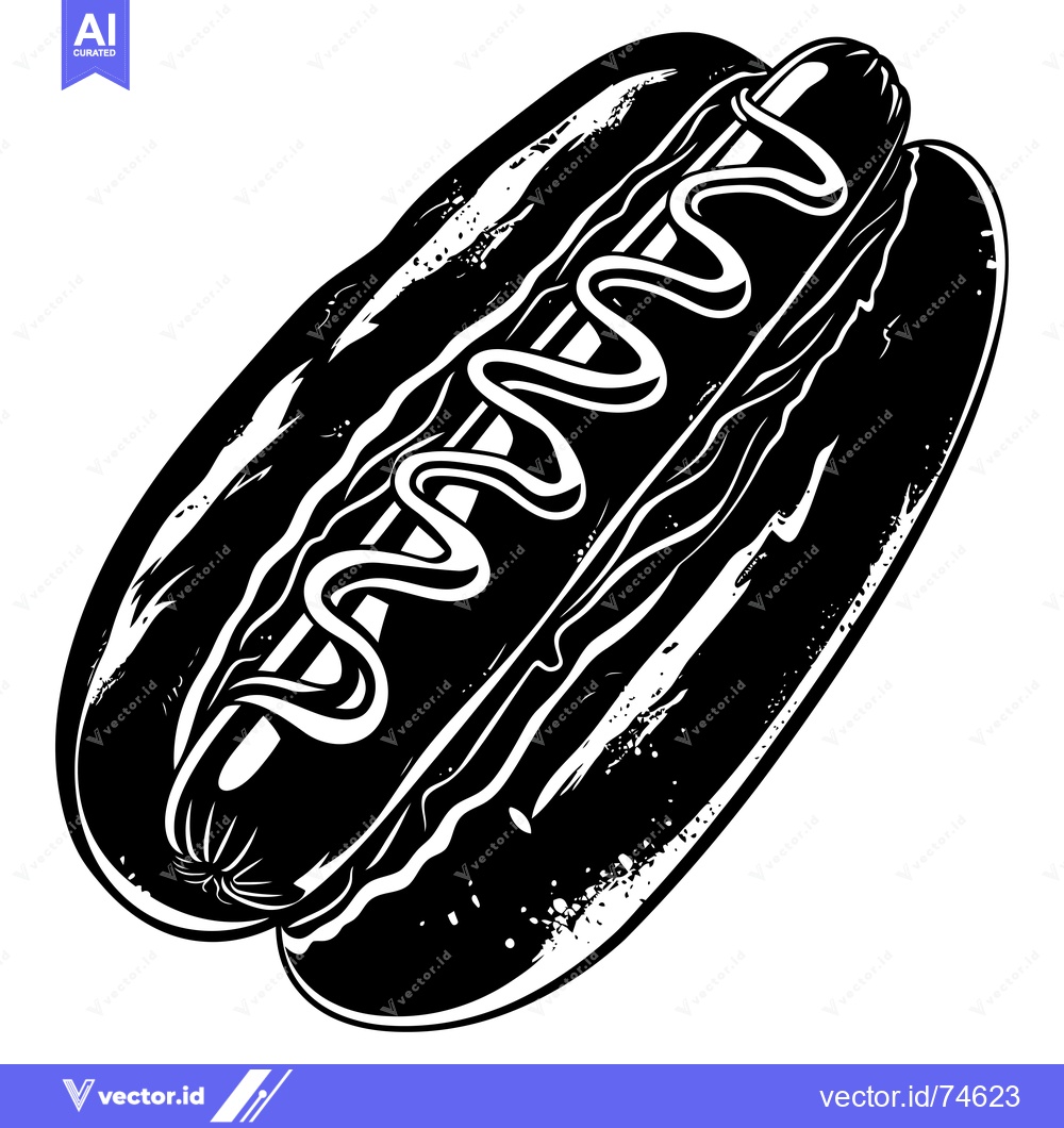 Premium Vector of Black and White Illustration of a Hot Dog with Mustard