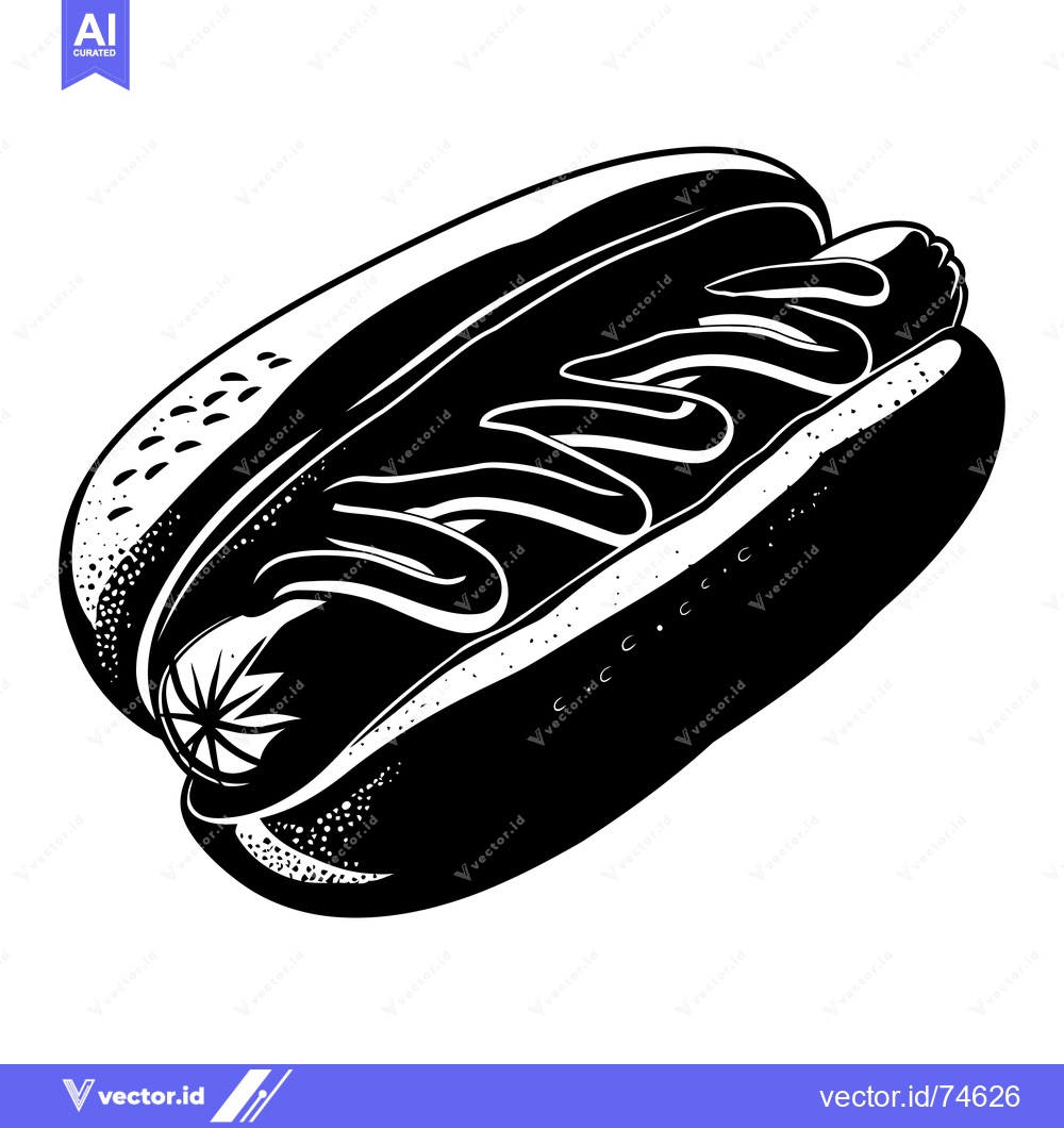 Premium Vector of Black and White Illustration of a Hot Dog with Mustard