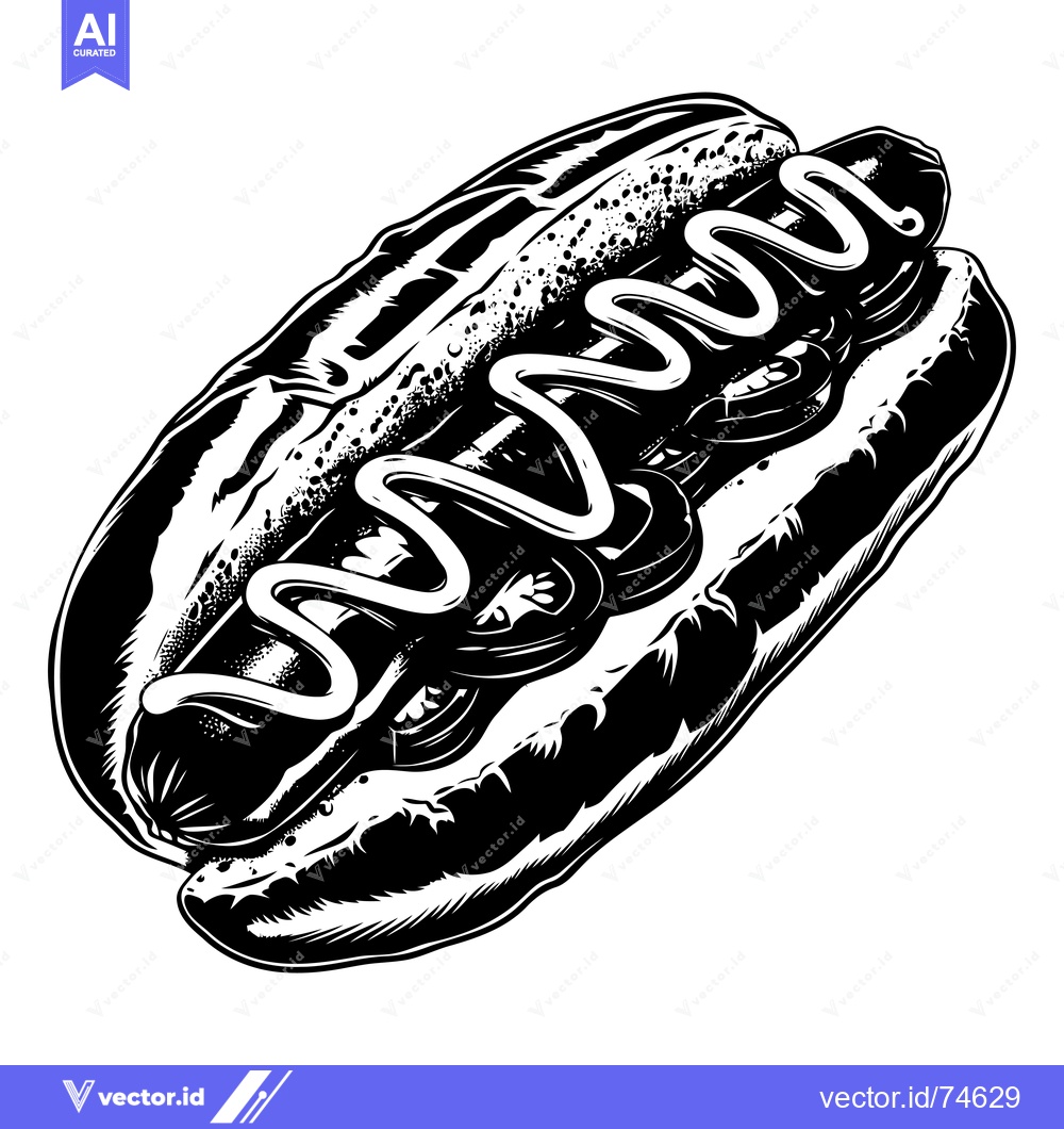 Premium Vector dari Black and White Illustration of a Hot Dog with Mustard and Toppings