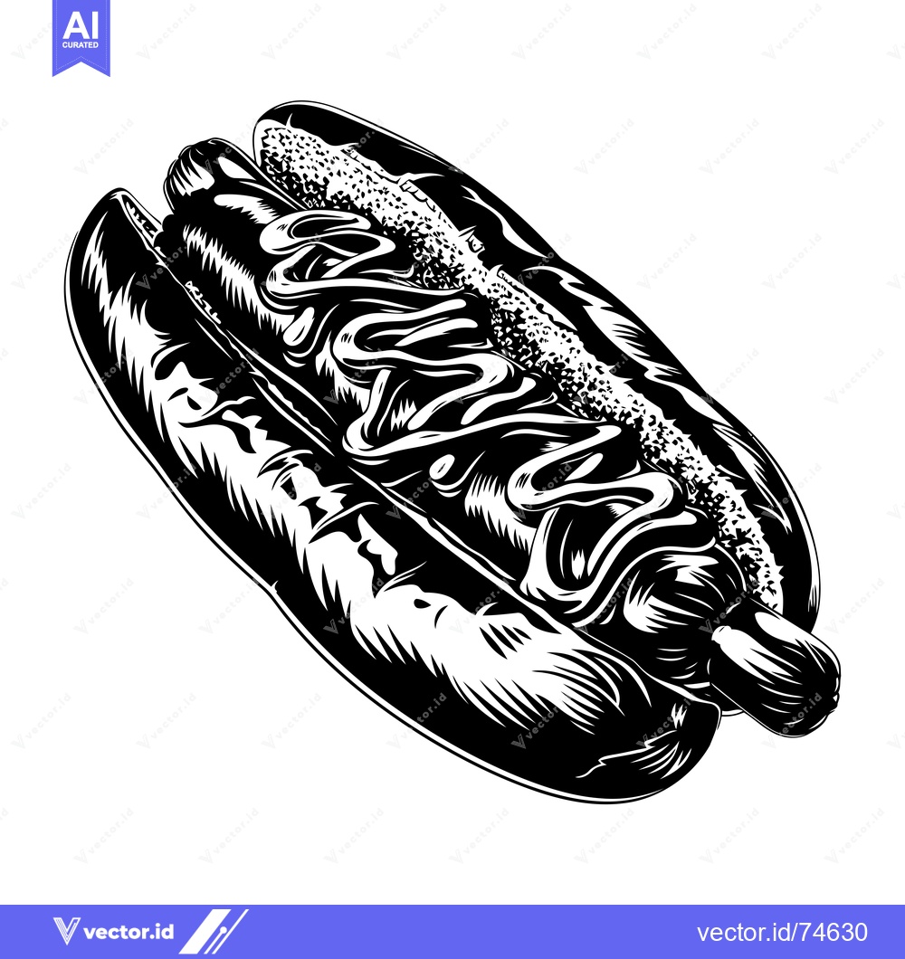 Premium Vector of Black and White Illustration of a Hot Dog with Mustard