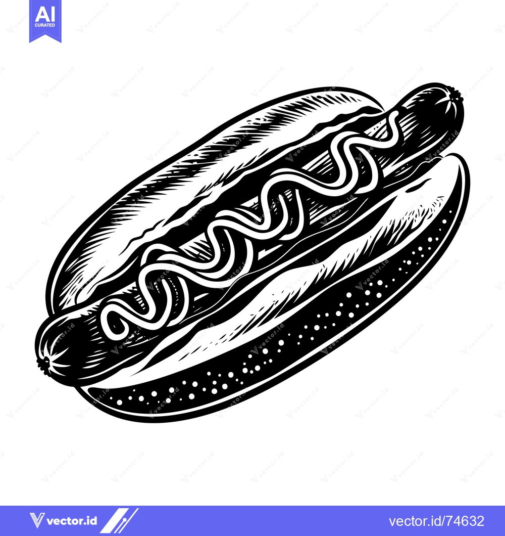 Premium Vector of Black and White Illustration of a Hot Dog with Mustard