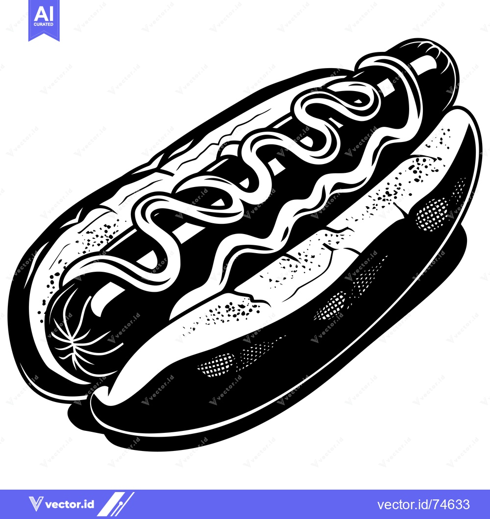 Premium Vector of Black and White Illustration of a Hot Dog with Mustard