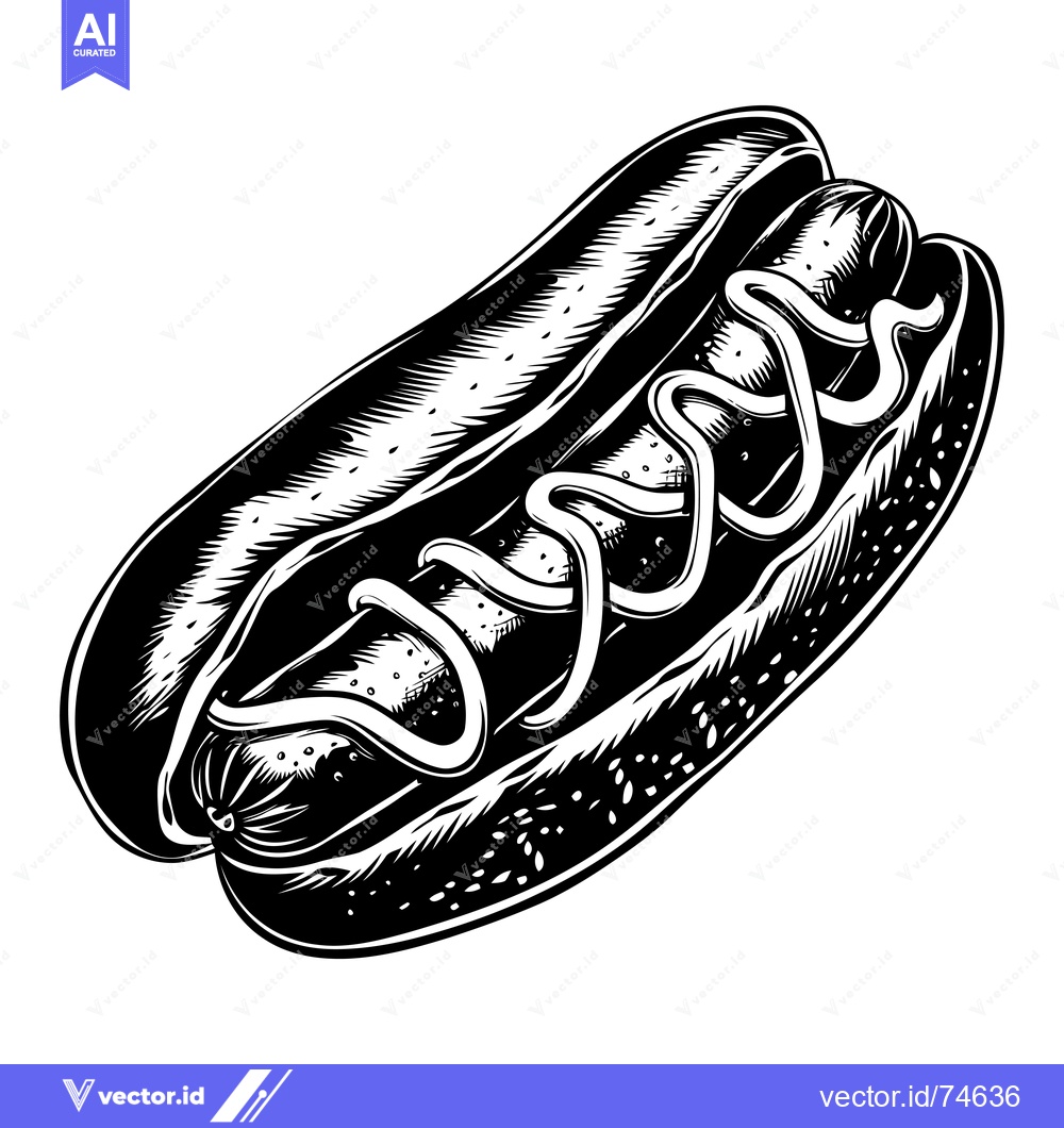 Premium Vector dari Black and White Illustration of a Hot Dog with Mustard and Relish