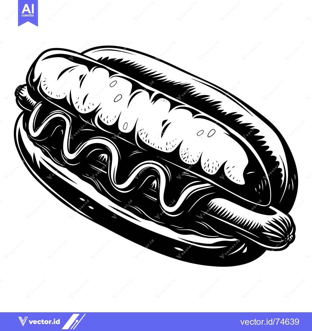 Premium Vector of Black and White Illustration of a Hot Dog with Mustard and Relish