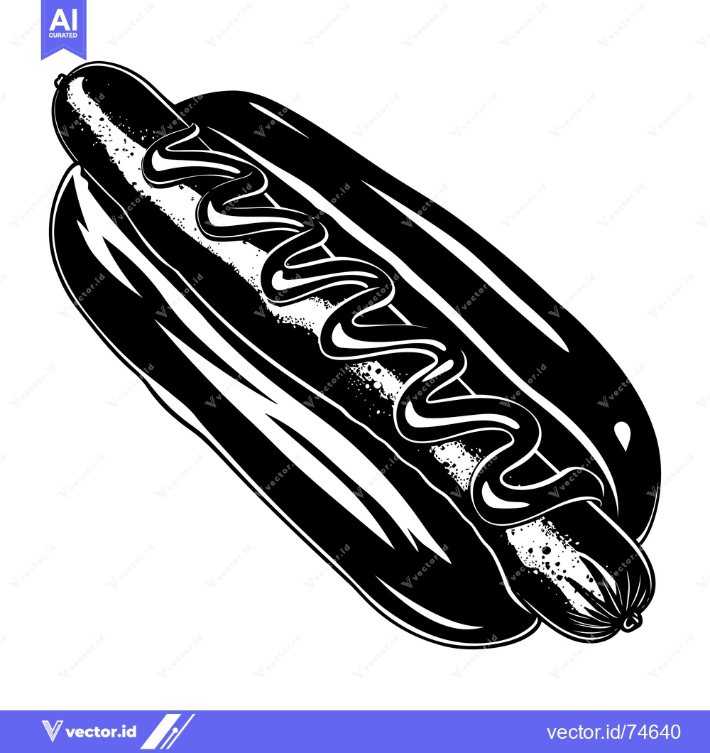 Premium Vector of Black and White Illustration of a Hot Dog with Mustard