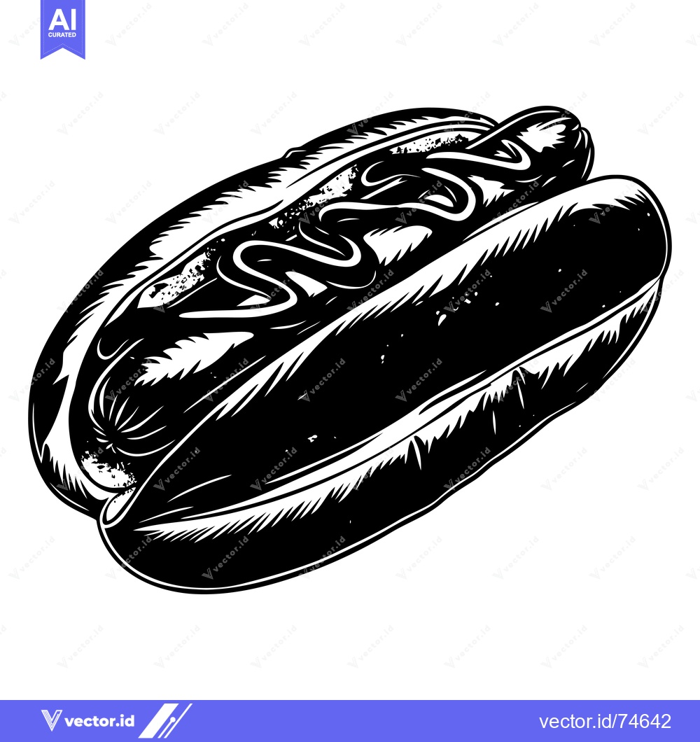 Premium Vector of Black and White Illustration of a Hot Dog with Mustard
