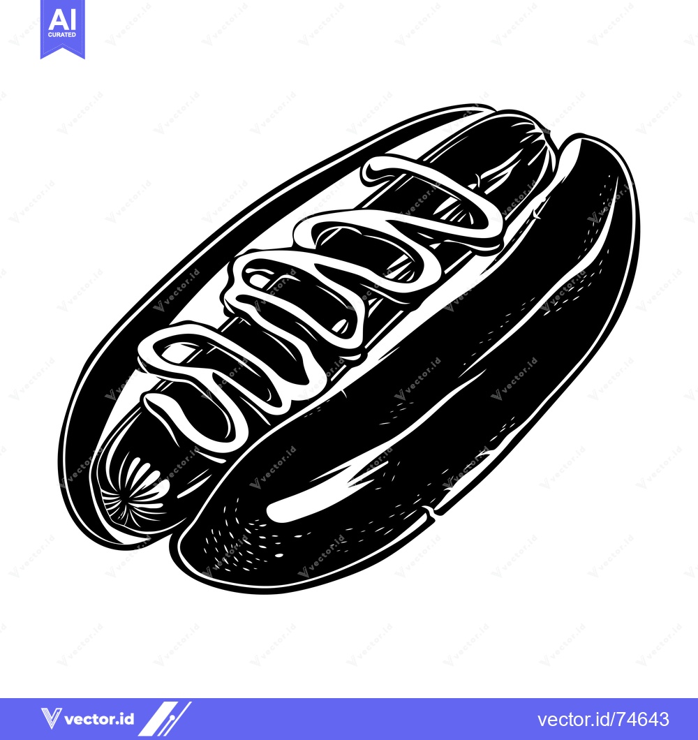 Premium Vector of Black and White Illustration of a Hot Dog with Mustard